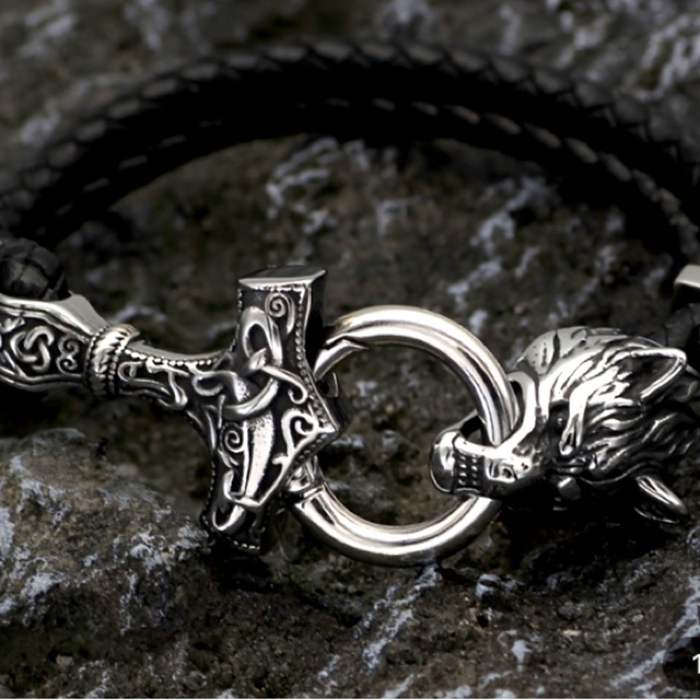 Viking Bracelet with Odin’s Wolf Head & Thor’s Hammer
